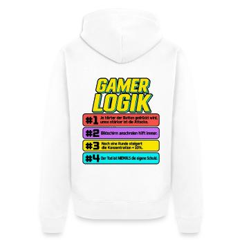 Gamerlogik Sprüche Banner - Unisex Premium Bio Zip Hoodie - Weiß - Hinten - Thijin (182cm)