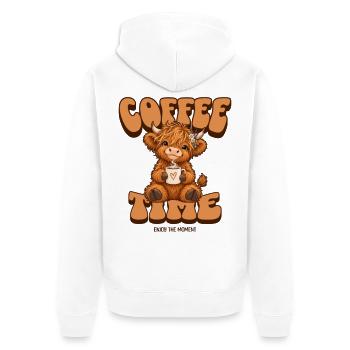 Süßes Hochlandrind Kaffee T-Shirt – Coffee Time - Unisex Premium Bio Zip Hoodie - Weiß - Hinten - Thijin (182cm)