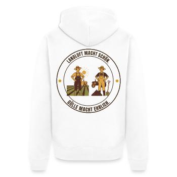 Landluft macht schön. Gülle macht ehrlich – Bauer - Unisex Premium Bio Zip Hoodie - Weiß - Hinten - Thijin (182cm)