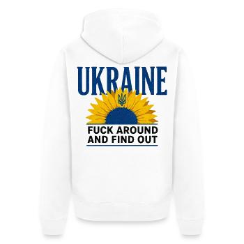 Ukraine FAFO Sonnenblume – Kühne Aussage - Unisex Premium Bio Zip Hoodie - Weiß - Hinten - Thijin (182cm)
