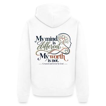 Mein Kopf ist anders, mein Wert nicht - Unisex Premium Bio Zip Hoodie - Weiß - Hinten - Thijin (182cm)