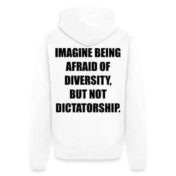 IMAGINE BEING AFRAID OF DIVERSITY, BUT NOT DICTATO - Unisex Premium Bio Zip Hoodie - Weiß - Hinten - Thijin (182cm)