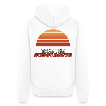 Take the Scenic Route – Retro Sonnenuntergang - Unisex Premium Bio Zip Hoodie - Weiß - Hinten - Thijin (182cm)