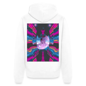 Neon Muster mit Mond und Adler im Zentrum - Unisex Premium Bio Zip Hoodie - Weiß - Hinten - Thijin (182cm)
