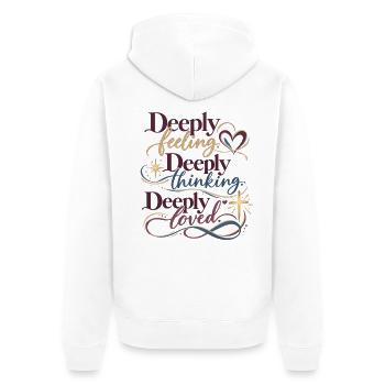 Tief fühlen, Tief denken, Tief geliebt - Unisex Premium Bio Zip Hoodie - Weiß - Hinten - Thijin (182cm)