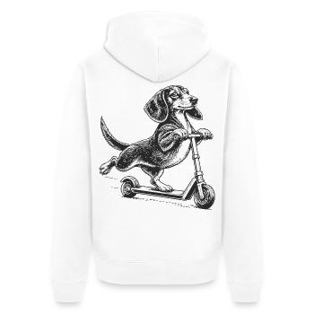 Dackel auf dem Tretroller – Vintage-Stil - Unisex Premium Bio Zip Hoodie - Weiß - Hinten - Thijin (182cm)