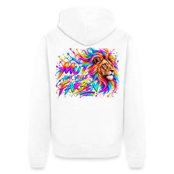 Mut hat viele Farben – Löwenstärke - Unisex Premium Bio Zip Hoodie - Weiß - Hinten - Thijin (182cm)