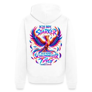  Ich bin stärker als mein schlimmster Tag- Phönix - Unisex Premium Bio Zip Hoodie - Weiß - Hinten - Thijin (182cm)