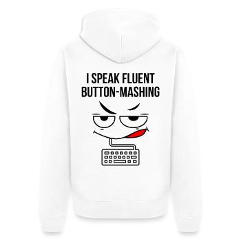 Ich spreche fließend Button-Mashing - Unisex Premium Bio Zip Hoodie - Weiß - Hinten - Thijin (182cm)