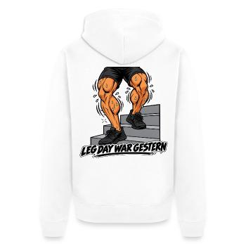 Fitness Herren Outfit- Leg day - Lustiges Gym Bild - Unisex Premium Bio Zip Hoodie - Weiß - Hinten - Thijin (182cm)