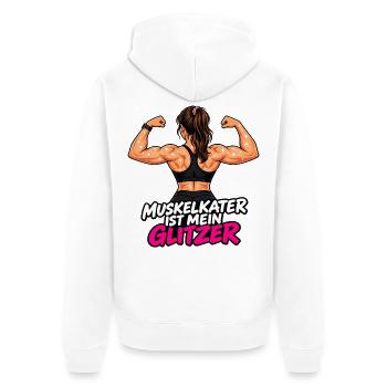 Muskelkater ist mein Glitzer -Damen Fitness Outfit - Unisex Premium Bio Zip Hoodie - Weiß - Hinten - Thijin (182cm)