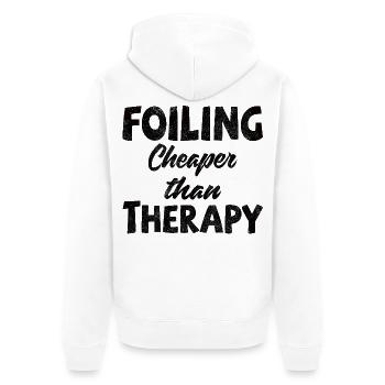 Foiler -  Foiling. Cheaper than Therapy - Unisex Premium Bio Zip Hoodie - Weiß - Hinten - Thijin (182cm)