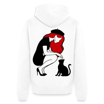 donna_con_capelli_rossi_basco_e_gatto_nero - Unisex Premium Bio Zip Hoodie - Weiß - Hinten - Thijin (182cm)