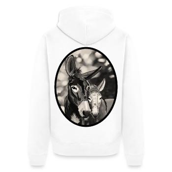 SchwarzWeiss EselDuo Porträt - Unisex Premium Bio Zip Hoodie - Weiß - Hinten - Thijin (182cm)
