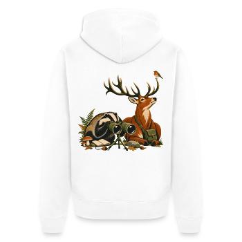 Dachs und Rotwild bei der Vogelbeobachtung - Unisex Premium Bio Zip Hoodie - Weiß - Hinten - Thijin (182cm)