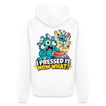 Ich habe ihn gedrückt. Und jetzt? - Unisex Premium Bio Zip Hoodie - Weiß - Hinten - Thijin (182cm)