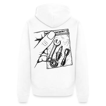 Mechanische Sucht – Pouch Tools Candle Key - Unisex Premium Bio Zip Hoodie - Weiß - Hinten - Thijin (182cm)