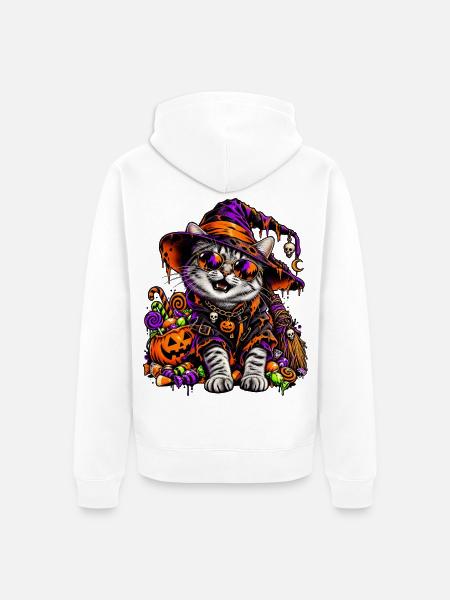 Bunte Halloween Hexenkatze mit Süßem - Unisex Premium Bio Zip Hoodie - Weiß