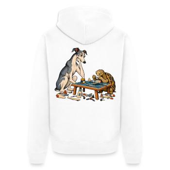 Windhund und Schildkröte beim Modellbau - Unisex Premium Bio Zip Hoodie - Weiß - Hinten - Thijin (182cm)