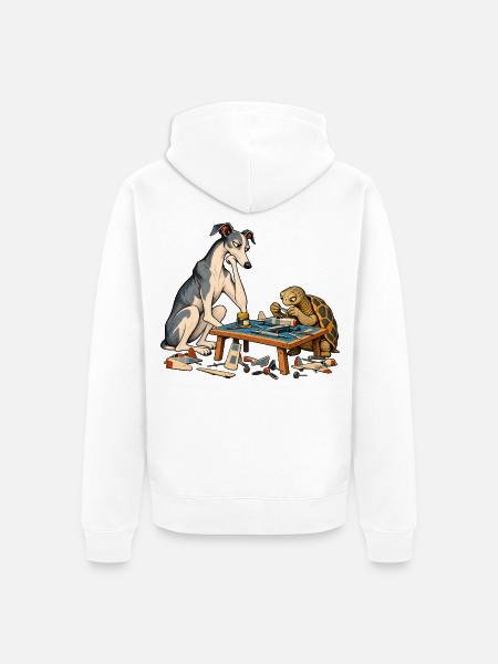 Windhund und Schildkröte beim Modellbau - Unisex Premium Bio Zip Hoodie - Weiß