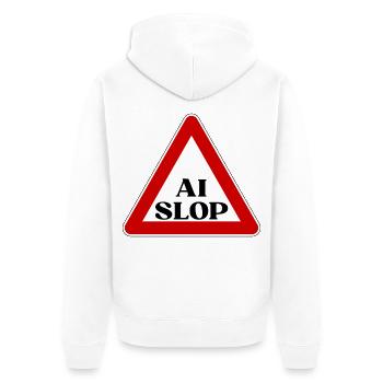 AI SLOP WARNSCHILD ACHTUNG KI MÜLL LUSTIGER SPRUCH - Unisex Premium Bio Zip Hoodie - Weiß - Hinten - Thijin (182cm)