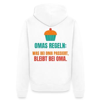 Omas Regeln: Was bei Oma passiert, bleibt bei Oma - Unisex Premium Bio Zip Hoodie - Weiß - Hinten - Thijin (182cm)