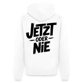Jetzt oder nie Sprüche Mann Frau Lustig Niemals - Unisex Premium Bio Zip Hoodie - Weiß - Hinten - Thijin (182cm)