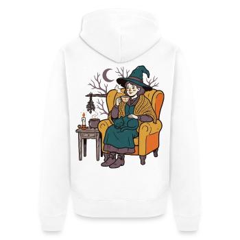 Die Hexe beim Tee mit ihrer Katze - Unisex Premium Bio Zip Hoodie - Weiß - Hinten - Thijin (182cm)