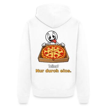 Pizza teilen – nur durch eins - Unisex Premium Bio Zip Hoodie - Weiß - Hinten - Thijin (182cm)