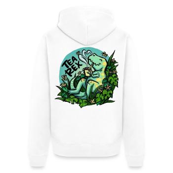 Tea Rex - Türkis -  (NO AI / Ohne KI) - Unisex Premium Bio Zip Hoodie - Weiß - Hinten - Thijin (182cm)
