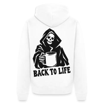 Sensenmann-Kaffee: Zurück ins Leben - Unisex Premium Bio Zip Hoodie - Weiß - Hinten - Thijin (182cm)