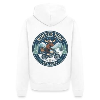 Winterfahrt: Elch auf Motorrad - Unisex Premium Bio Zip Hoodie - Weiß - Hinten - Thijin (182cm)