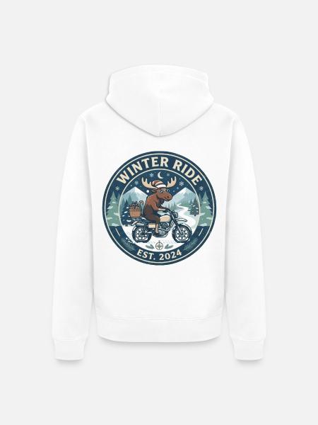 Winterfahrt: Elch auf Motorrad - Unisex Premium Bio Zip Hoodie - Weiß