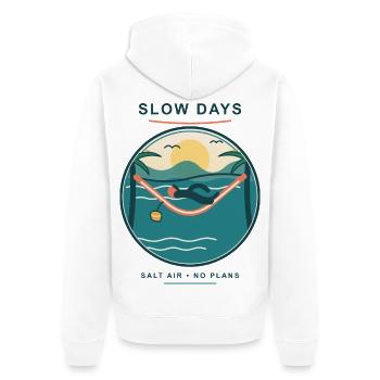 Slow Days Strandhammock Signet - Unisex Premium Bio Zip Hoodie - Weiß - Hinten - Thijin (182cm)