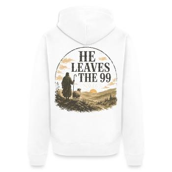 Er verlässt die 99 Christian Design - Unisex Premium Bio Zip Hoodie - Weiß - Hinten - Thijin (182cm)