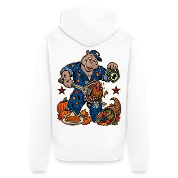 Thanksgiving Nilpferd-Mechaniker mit - Unisex Premium Bio Zip Hoodie - Weiß - Hinten - Thijin (182cm)