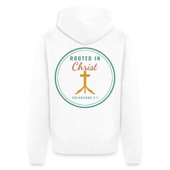 Rooted in Christ – Colossians 2:7 Christian - Unisex Premium Bio Zip Hoodie - Weiß - Hinten - Thijin (182cm)