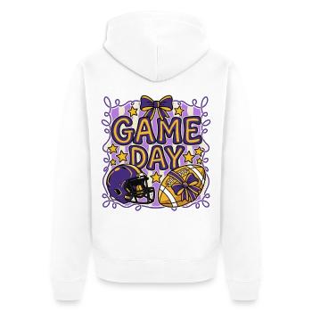 Spieltag – Lila-Gold-Football-Fan-Mama - Unisex Premium Bio Zip Hoodie - Weiß - Hinten - Thijin (182cm)