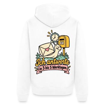 Ich antworte in 3 bis 5 Werktagen - Unisex Premium Bio Zip Hoodie - Weiß - Hinten - Thijin (182cm)