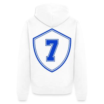 Blaues Sieben Shield Emblem - Unisex Premium Bio Zip Hoodie - Weiß - Hinten - Thijin (182cm)