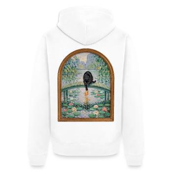 Schwarzer Kater angelt Koi im Seerosenteich - Unisex Premium Bio Zip Hoodie - Weiß - Hinten - Thijin (182cm)