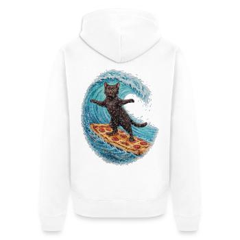 Schwarzer Kater surft auf Pizza Welle - Unisex Premium Bio Zip Hoodie - Weiß - Hinten - Thijin (182cm)