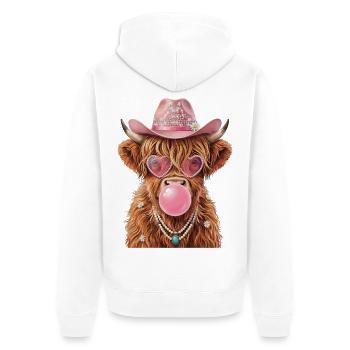 Hochlandrind Cowgirl mit Kaugummiblase - Unisex Premium Bio Zip Hoodie - Weiß - Hinten - Thijin (182cm)