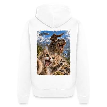 Lustiges Katze Selfie mit Bigfoot, T-Rex, UFO - Unisex Premium Bio Zip Hoodie - Weiß - Hinten - Thijin (182cm)