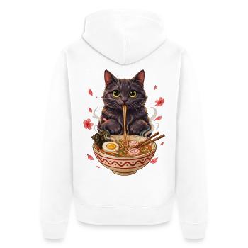 Schwarzer Kater schlürft Ramen Nudeln - Unisex Premium Bio Zip Hoodie - Weiß - Hinten - Thijin (182cm)