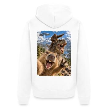 Lustiges Capybara Selfie mit Bigfoot, T-Rex, UFO - Unisex Premium Bio Zip Hoodie - Weiß - Hinten - Thijin (182cm)