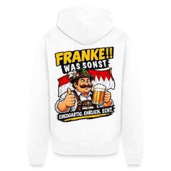FRANKE WAS SONST Heimat Franken - Unisex Premium Bio Zip Hoodie - Weiß - Hinten - Thijin (182cm)