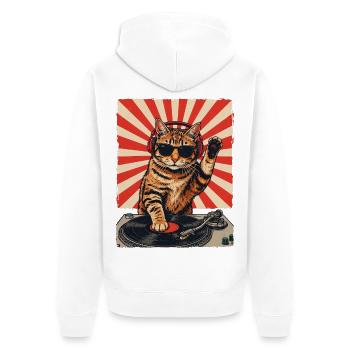 Retro DJ Katze Rot Getigert Plattenspieler - Unisex Premium Bio Zip Hoodie - Weiß - Hinten - Thijin (182cm)