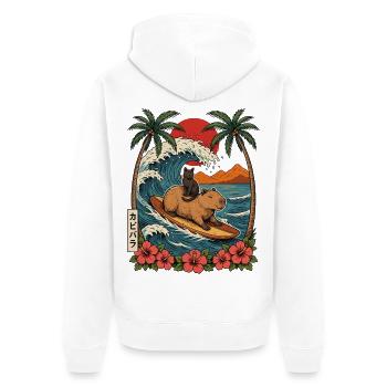 Capybara und Kater surfen auf der großen Welle - Unisex Premium Bio Zip Hoodie - Weiß - Hinten - Thijin (182cm)