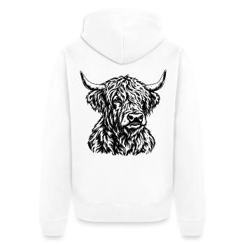 Schottisches Hochlandrind – Schwarz Weiß Gravur - Unisex Premium Bio Zip Hoodie - Weiß - Hinten - Thijin (182cm)